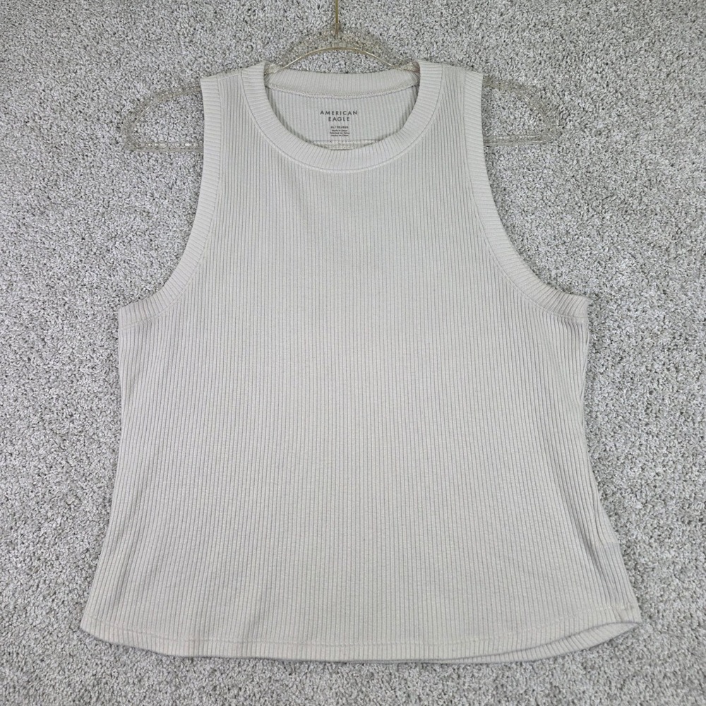 American Eagle Tank Top XL Womens Beige Cream Ribbed High Neck Knit Camisole
